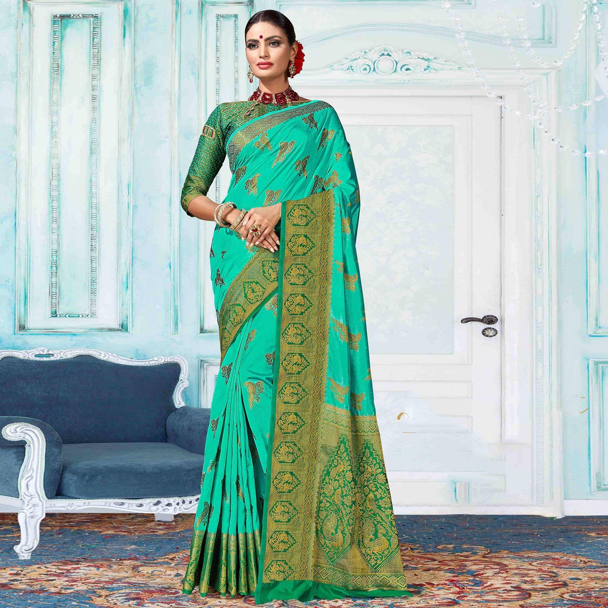 Dazzling Turquoise Green Colored Festive Wear Woven Nylon Silk Saree