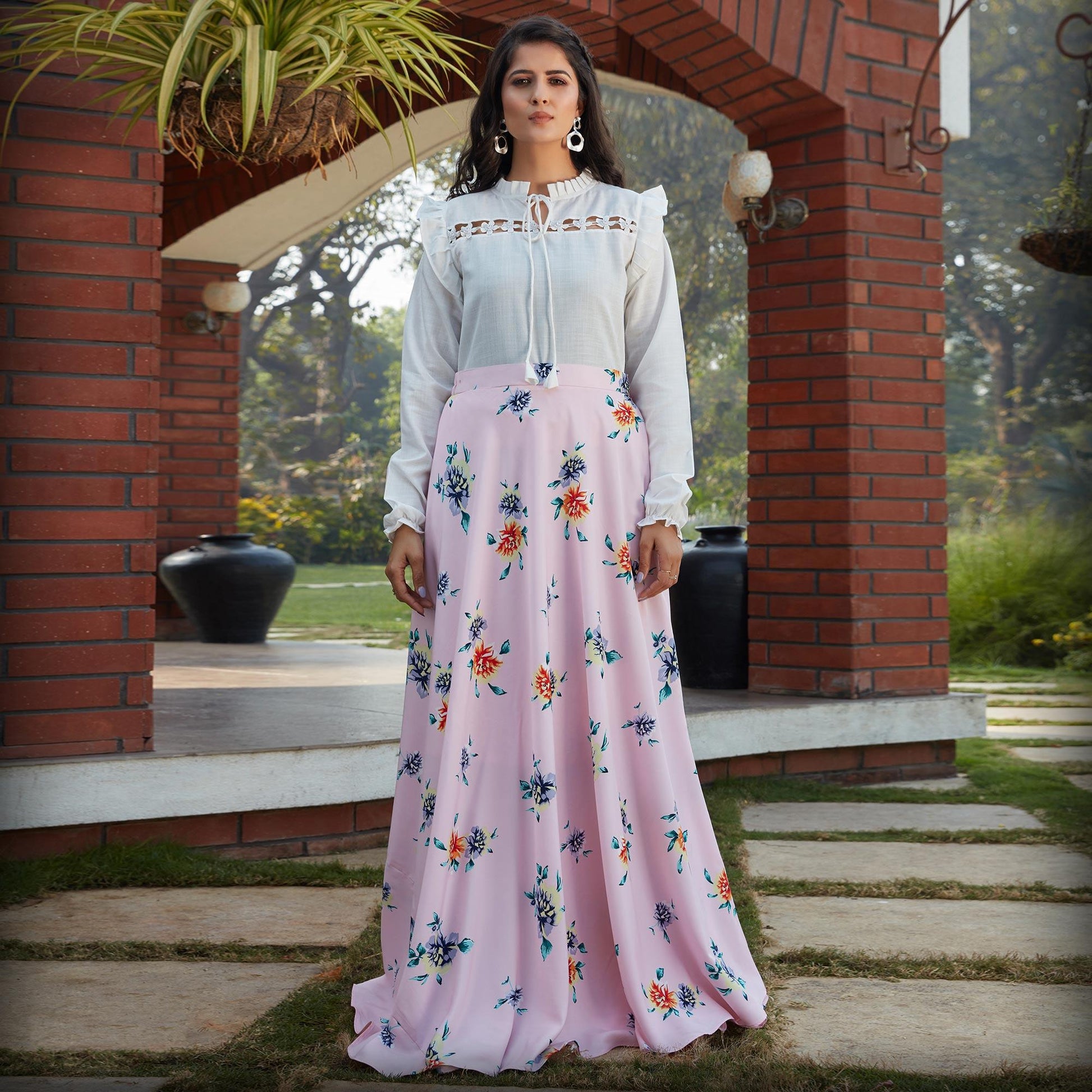 Dazzling White - Pink Colored Casual Wear Printed Western Crop Top - Skirt Set