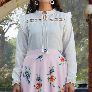 Dazzling White - Pink Colored Casual Wear Printed Western Crop Top - Skirt Set