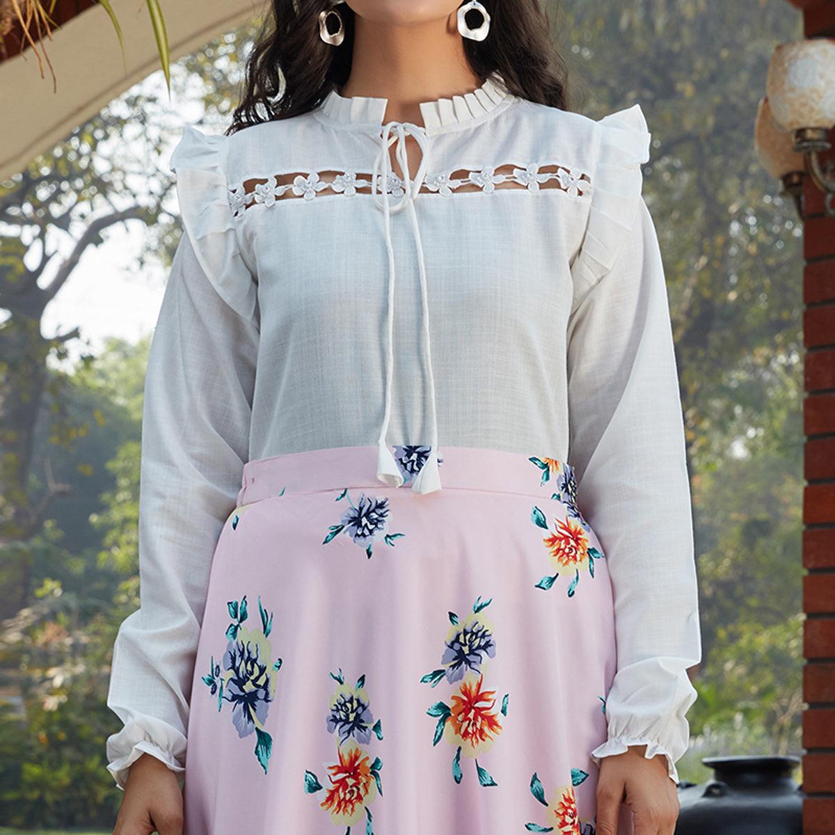 Dazzling White - Pink Colored Casual Wear Printed Western Crop Top - Skirt Set
