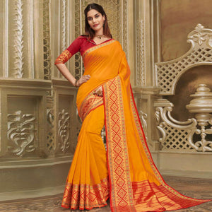 Dazzling Yellow Colored Festive Wear Woven Cotton Handloom Saree