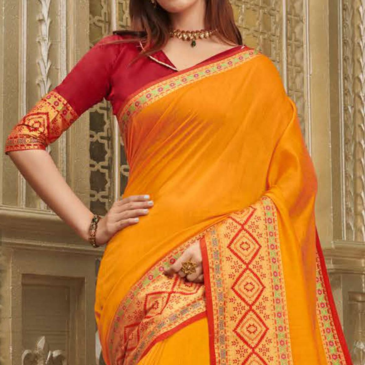 Dazzling Yellow Colored Festive Wear Woven Cotton Handloom Saree