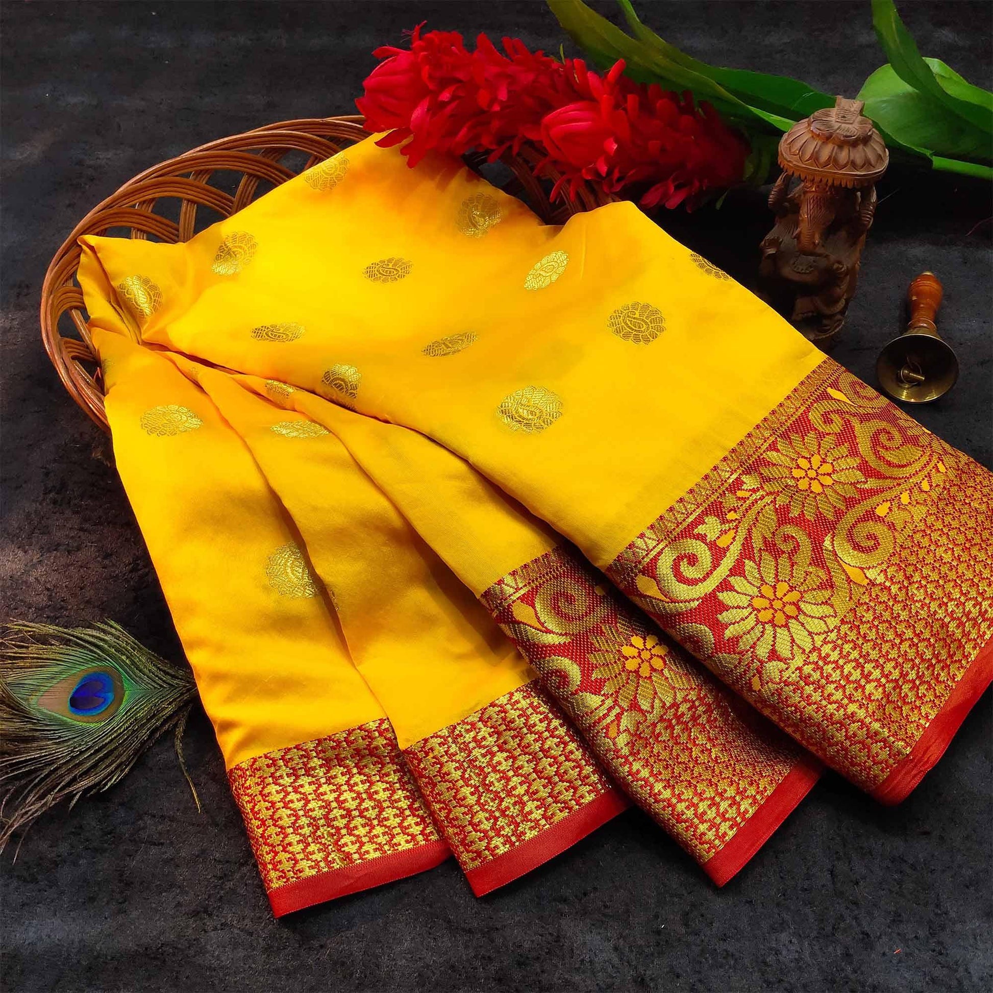 Dazzling Yellow Colored Festive Wear Woven Kanjivaram Silk Saree