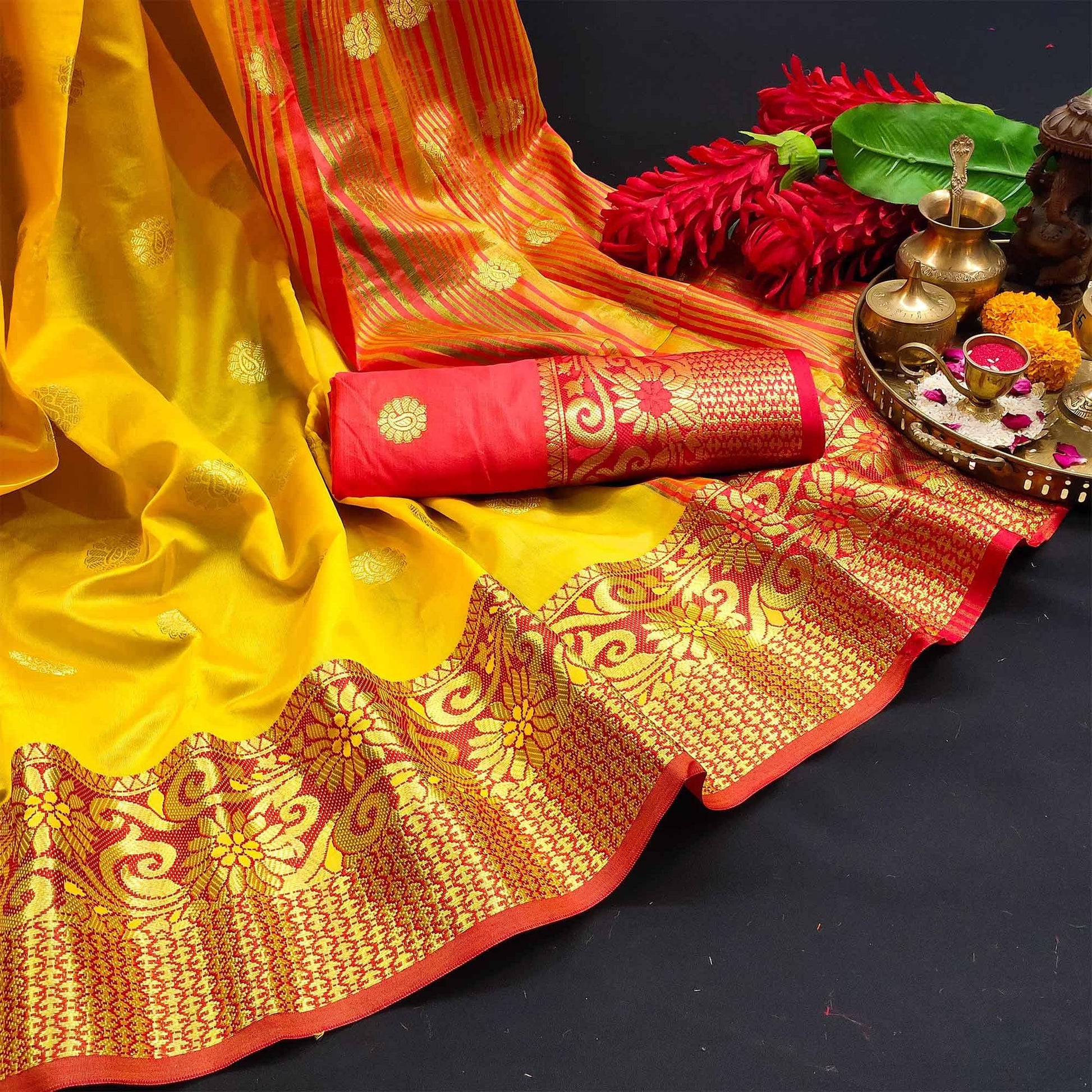 Dazzling Yellow Colored Festive Wear Woven Kanjivaram Silk Saree
