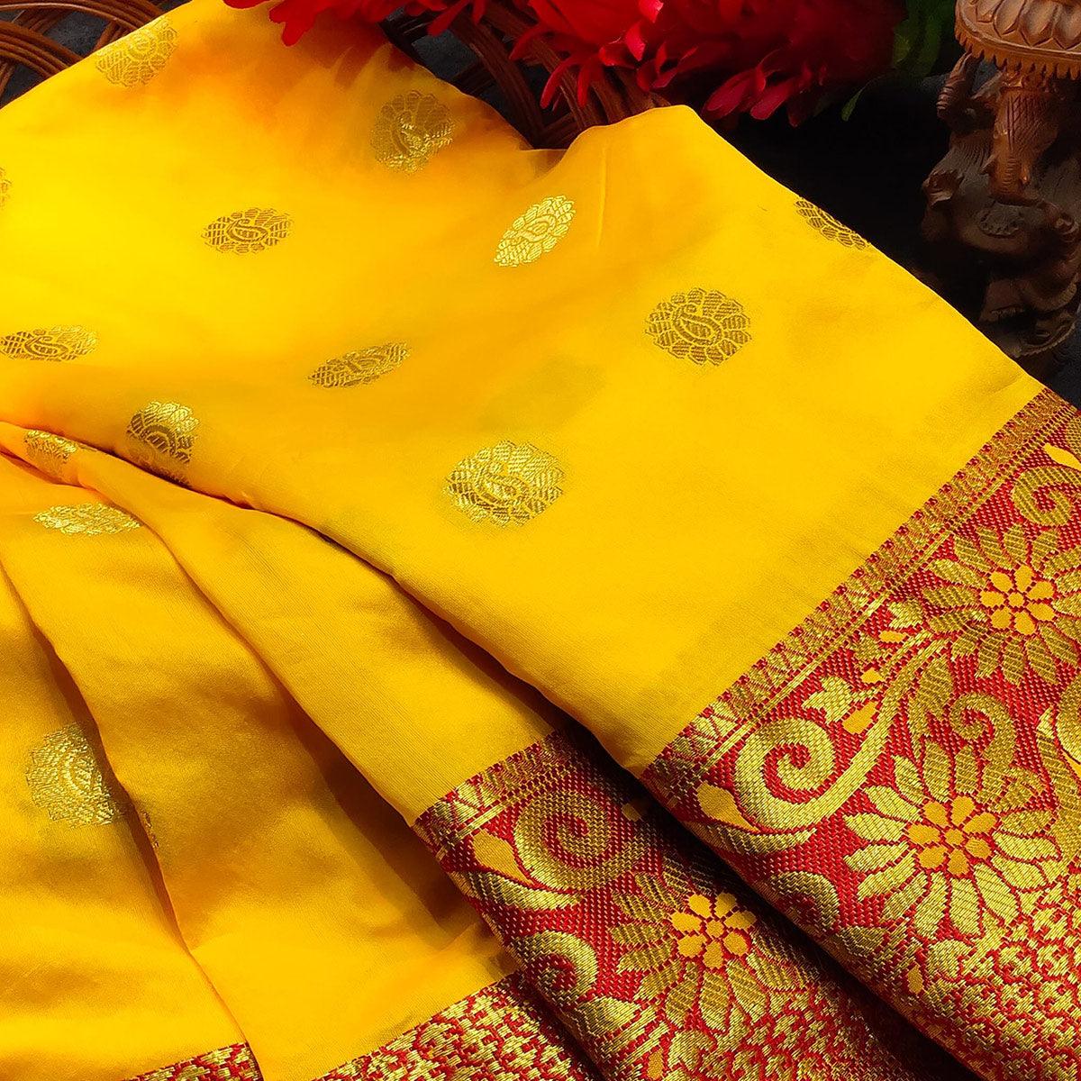 Dazzling Yellow Colored Festive Wear Woven Kanjivaram Silk Saree
