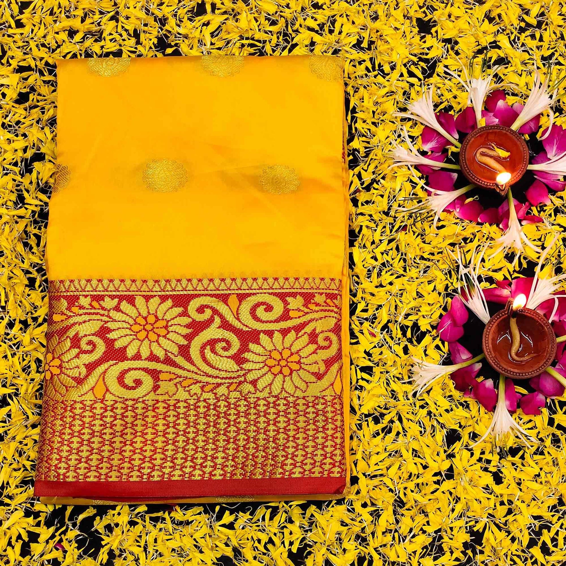 Dazzling Yellow Colored Festive Wear Woven Kanjivaram Silk Saree