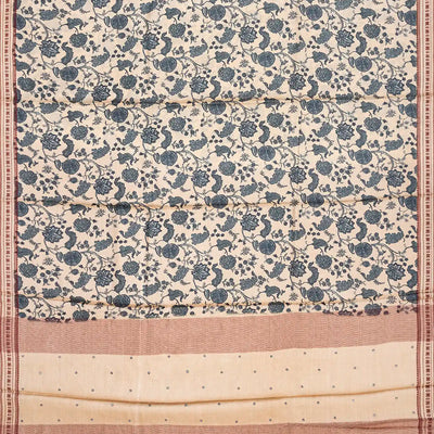 Light Peach Handwoven Printed Tussar Silk Saree With Floral Motifs-Light Peach