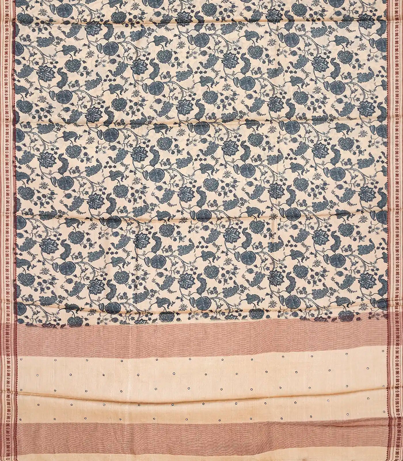 Light Peach Handwoven Printed Tussar Silk Saree With Floral Motifs-Light Peach