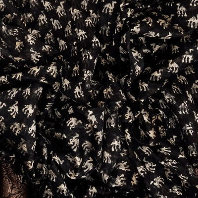 Black Woven Chanderi Cotton Saree Printed With Camel Motifs