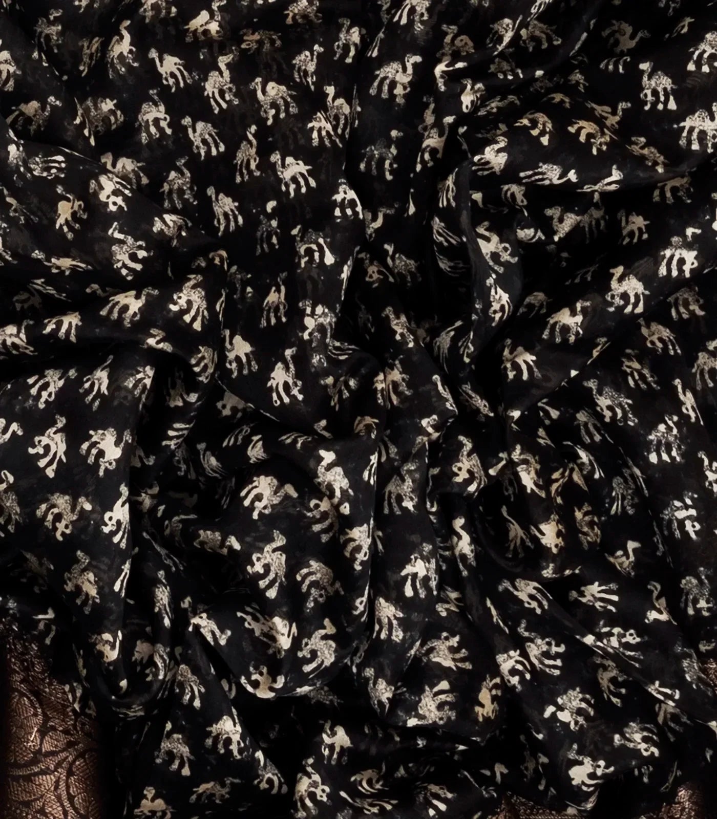 Black Woven Chanderi Cotton Saree Printed With Camel Motifs