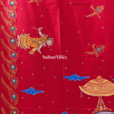 Red Ardha Chandra Krishna Rasa Leela Hand-Painted Pattachitra Saree