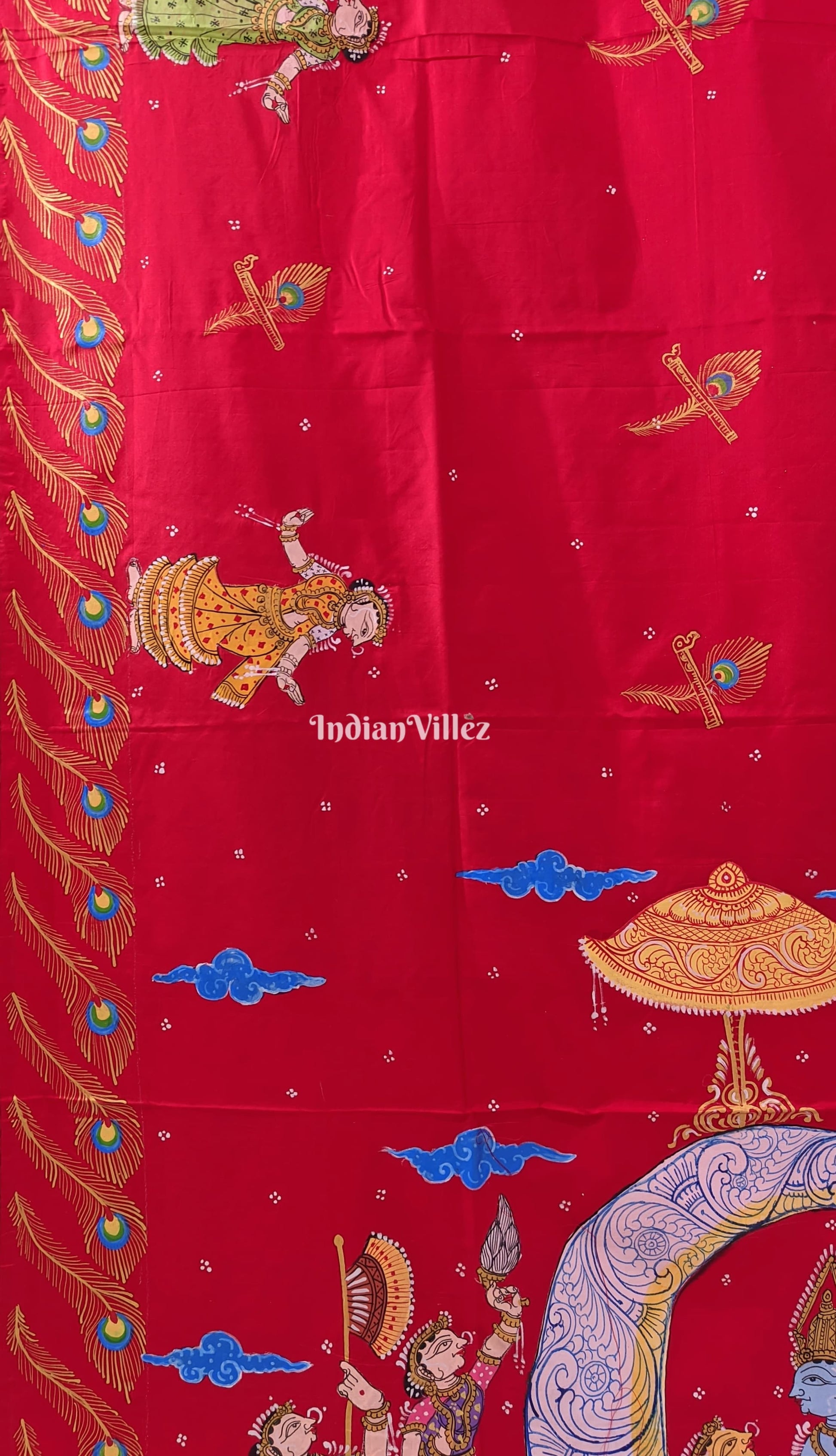 Red Ardha Chandra Krishna Rasa Leela Hand-Painted Pattachitra Saree