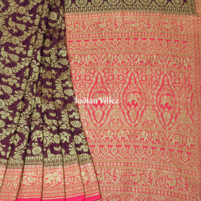 Wine Banarasi Georgette Shikargah Saree