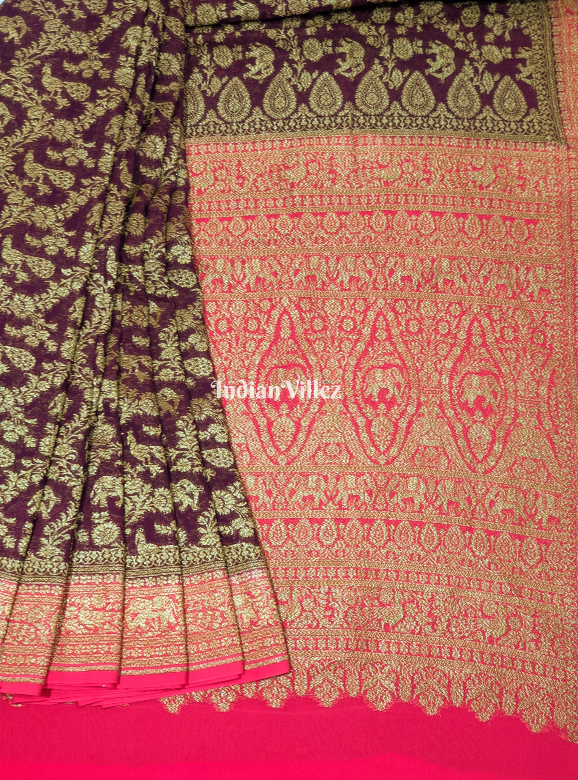 Wine Banarasi Georgette Shikargah Saree