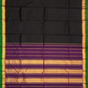 Black Handloom Kanchipuram Silk Saree With Contrast Zari Border