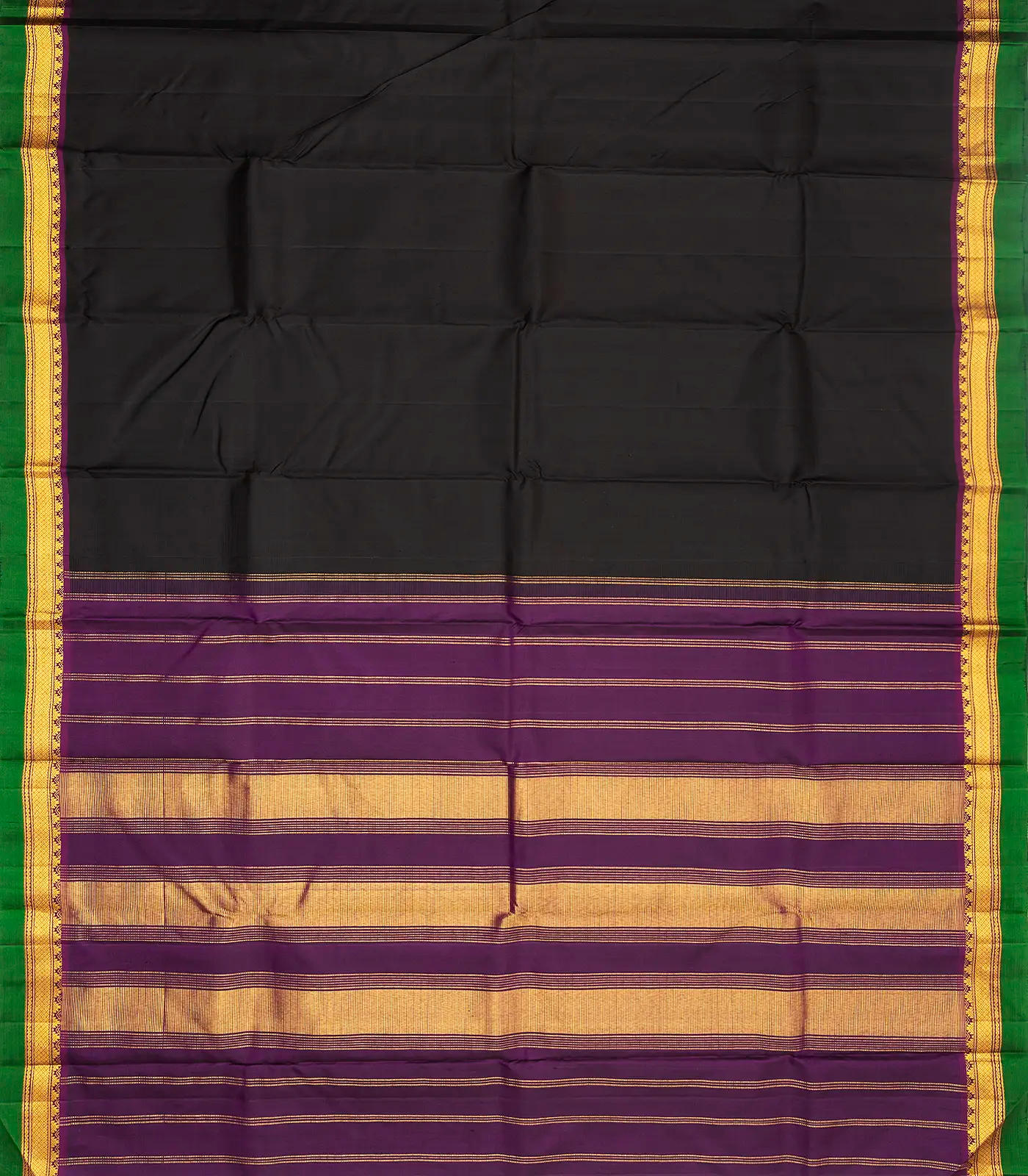 Black Handloom Kanchipuram Silk Saree With Contrast Zari Border