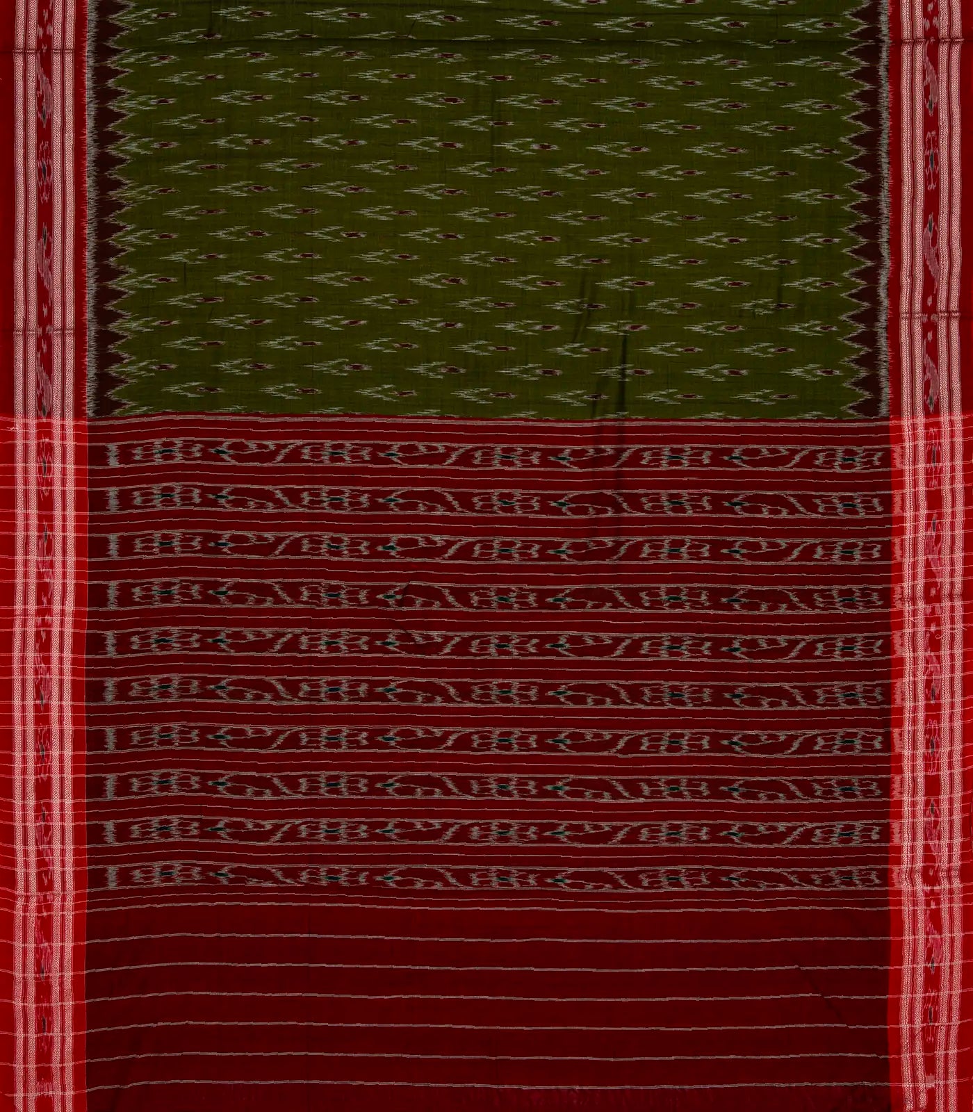 Olive Green Handloom Orissa Cotton Saree With Tie & Dye Floral Motifs