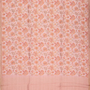 Baby Pink Handwoven Linen Saree Printed With Flower Motifs
