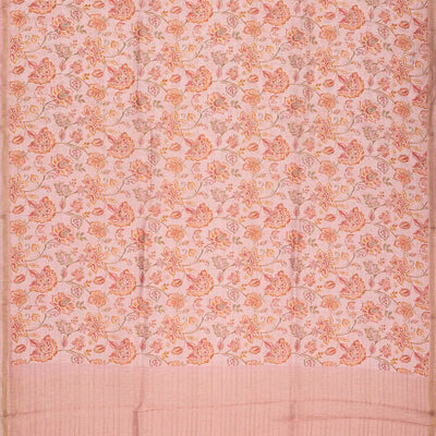 Baby Pink Handwoven Linen Saree Printed With Flower Motifs