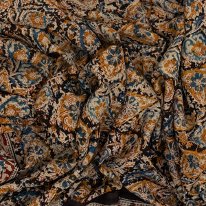 Black Handloom Kalamkari Cotton Saree With Printed Floral Motifs
