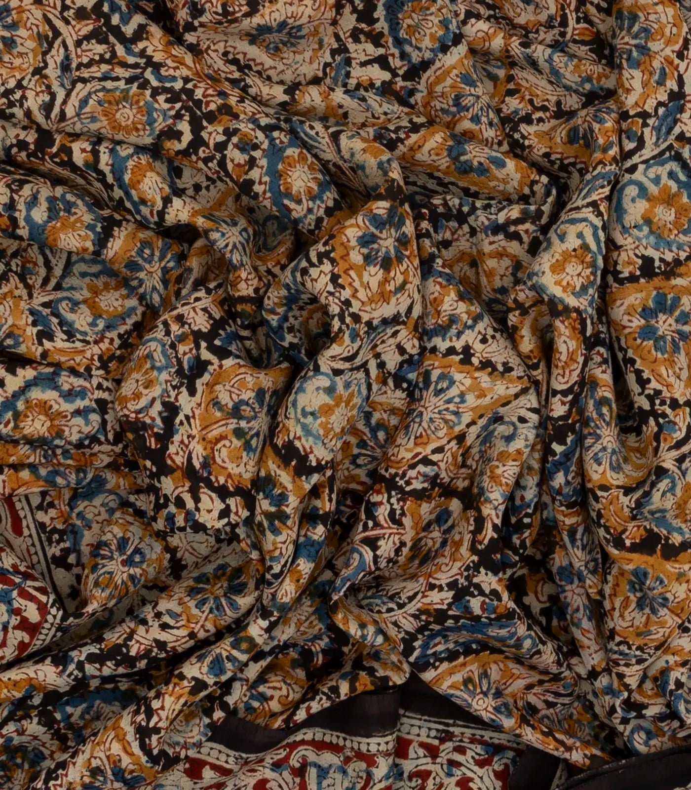 Black Handloom Kalamkari Cotton Saree With Printed Floral Motifs