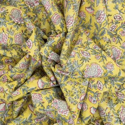Yellow Woven Jaipur Cotton Saree Printed With Pink Flower Motifs
