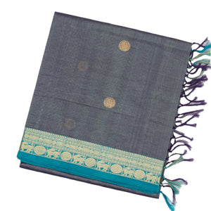 Grey Handloom Silk Cotton Saree With Yazhi Buttas