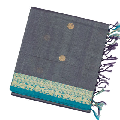 Grey Handloom Silk Cotton Saree With Yazhi Buttas