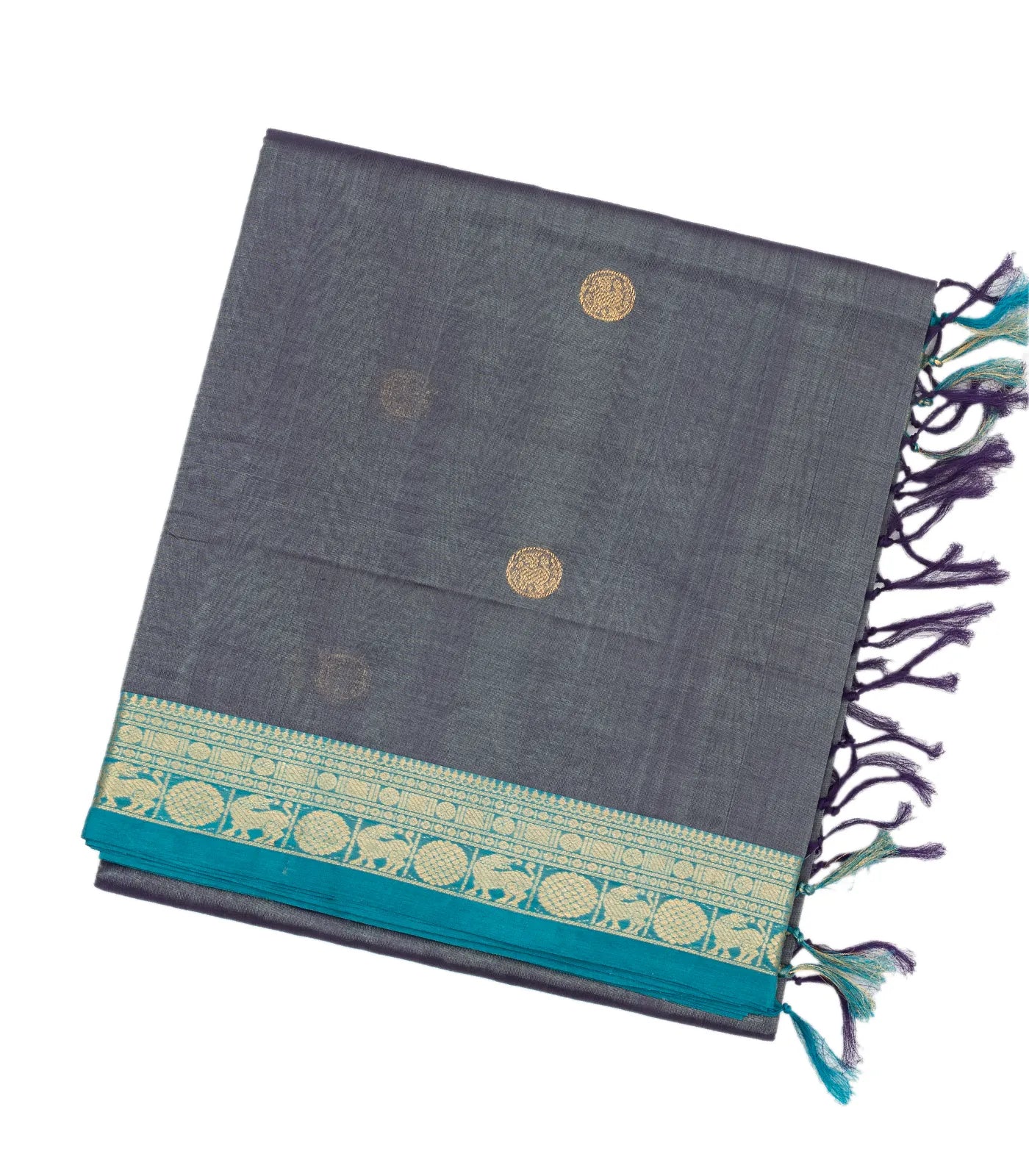 Grey Handloom Silk Cotton Saree With Yazhi Buttas