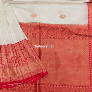 White Red Banarasi Katan Silk Saree