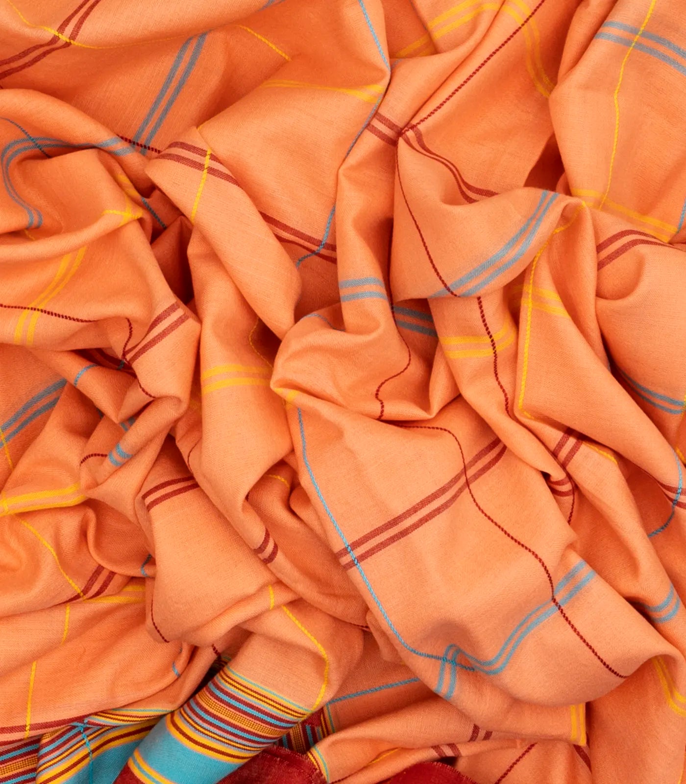 Peach Handloom Bhujodi Cotton Saree With Multi Colour Checks