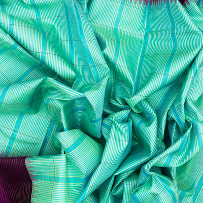Turquoise Handloom Kanchipuram Korvai Silk Saree With Checks