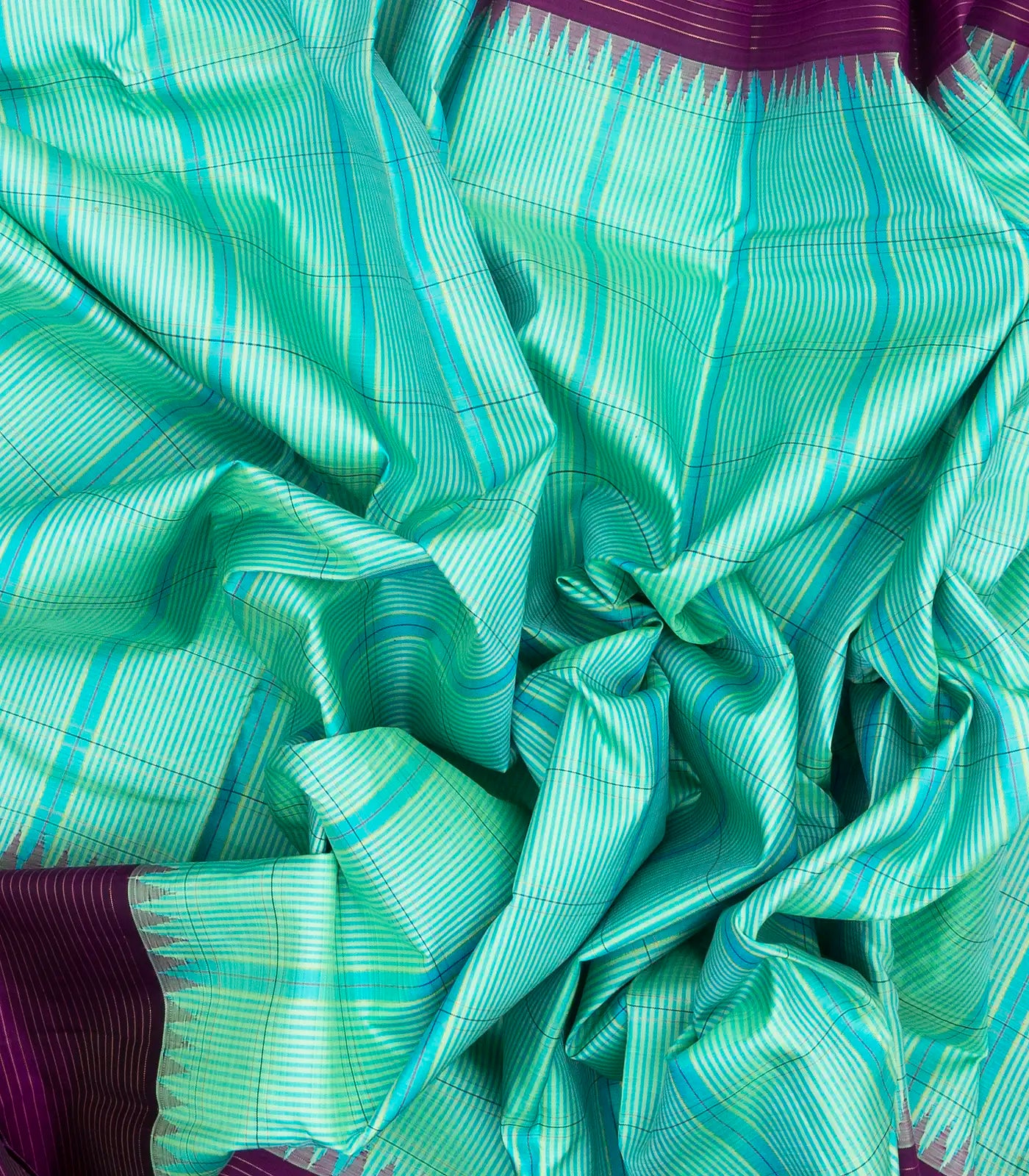 Turquoise Handloom Kanchipuram Korvai Silk Saree With Checks