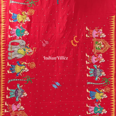 Red Doli Barat Theme Pattachitra Art on Pure Mulberry Silk Saree