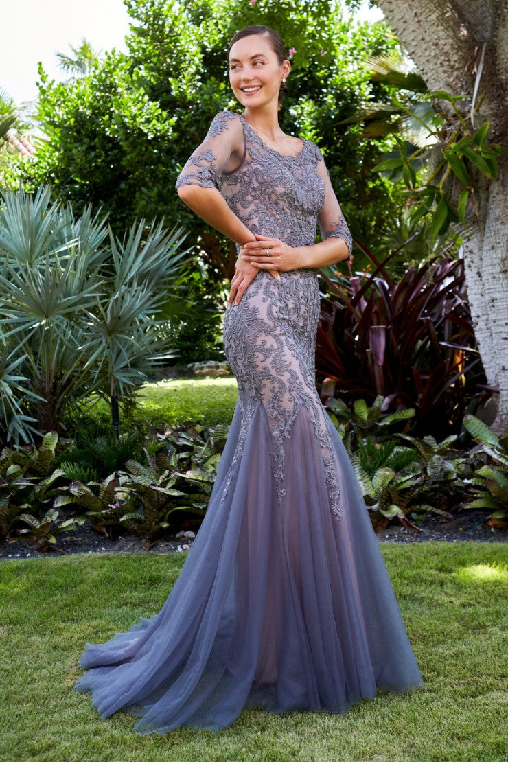 Montage 122901 Long Metallic Lace Fit Formal Dress