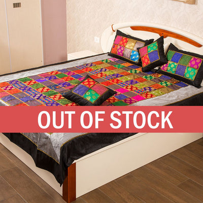 Rajasthan Patchwork Gold Print Double Bed Sheet with Two Pillow Covers and Two Cushion Covers