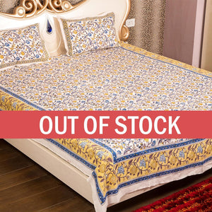 Blue Border with White Base Floral Hand Block Print Double Bed Sheet with Two Pillow Covers