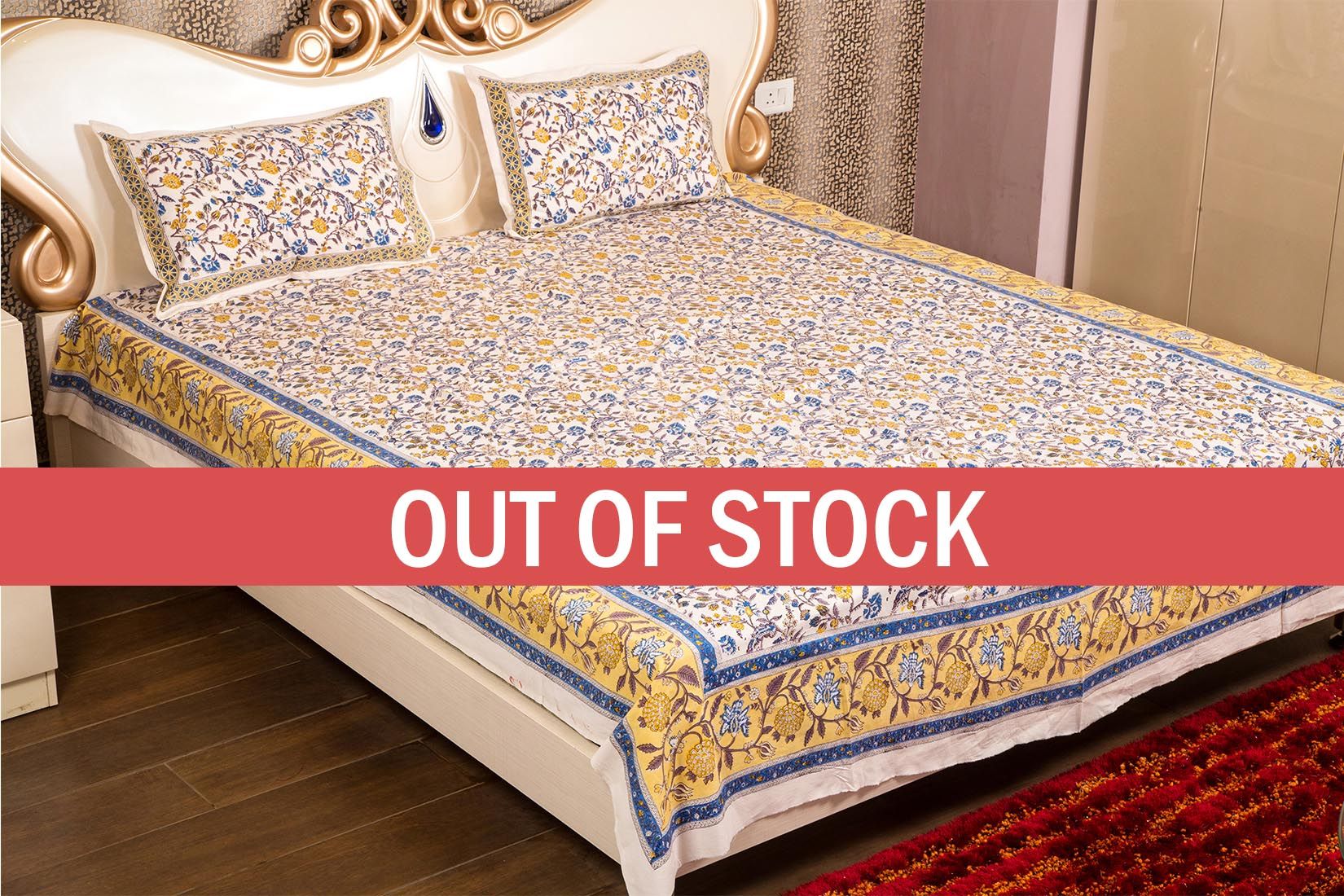 Blue Border with White Base Floral Hand Block Print Double Bed Sheet with Two Pillow Covers