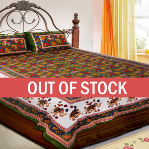 Green Base jaipur Handmade animal print bedsheet With pillow Covers