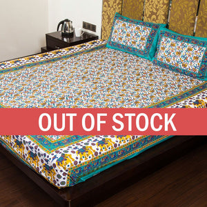 Green Border Elephant Camel and Bird Print Cotton Double Bed Sheet