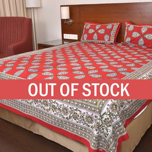 Red Color Jaipuri Paan Patti Print Double Bed Sheet