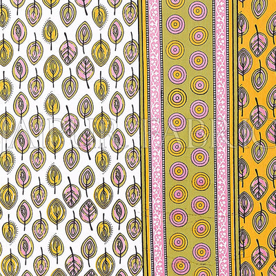 Yellow Border Leaf Pattern Screen Print Cotton Double Bed Sheet