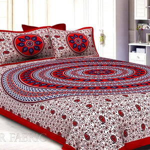 Maroon Border White Base Paan Pattern Screen Print Cotton Double Bed Sheet