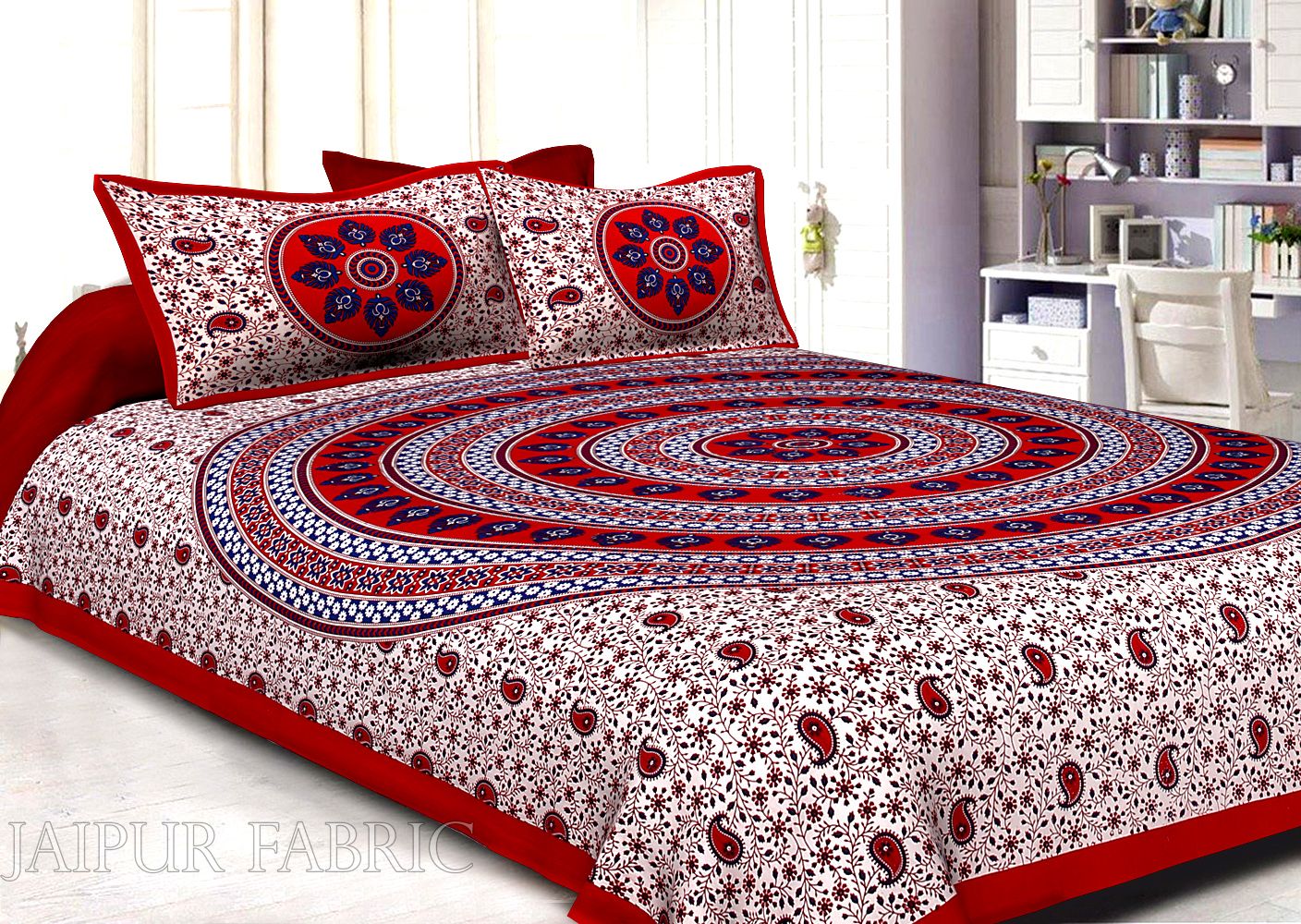 Maroon Border White Base Paan Pattern Screen Print Cotton Double Bed Sheet