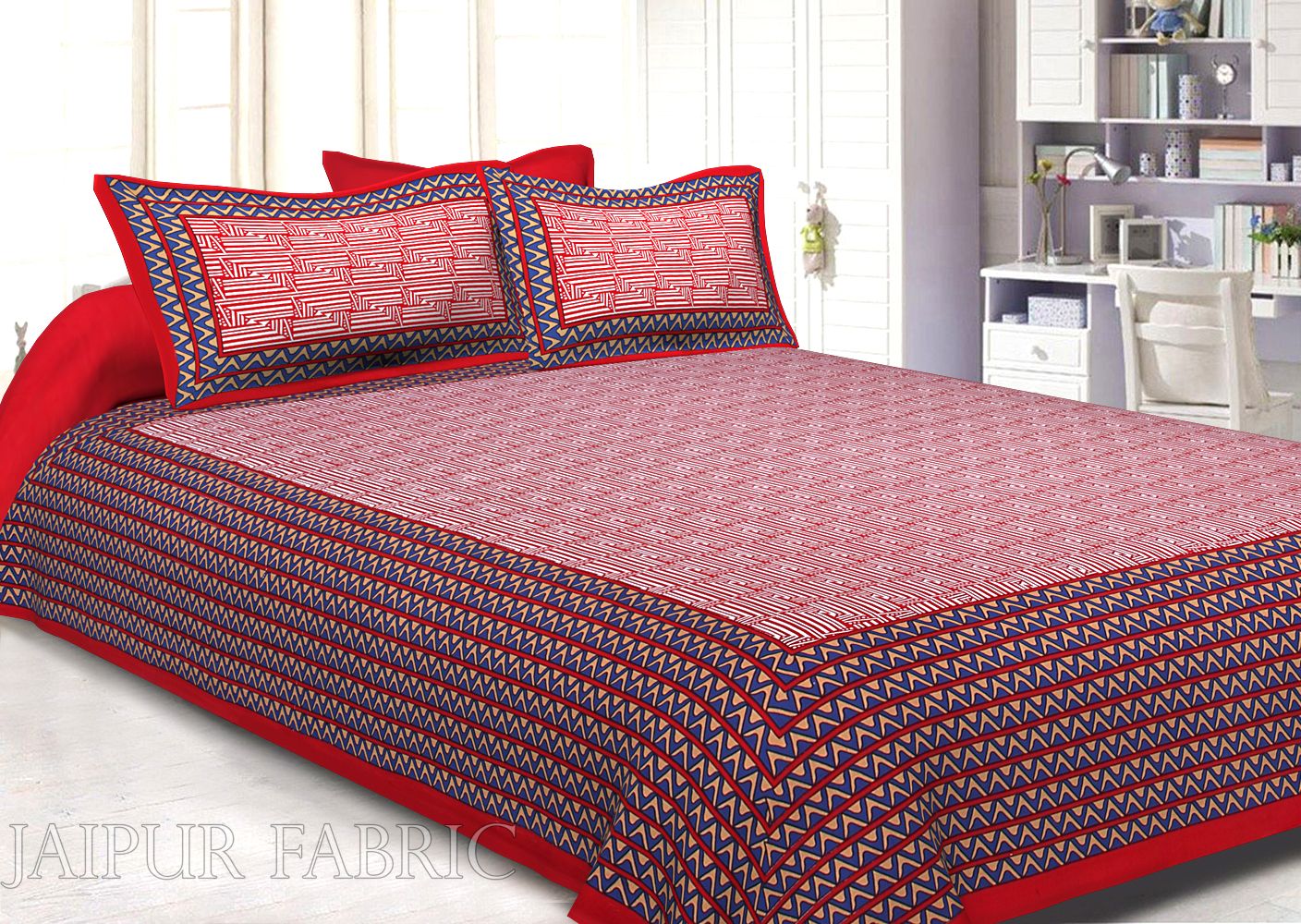 Maroon Border Zig Zag  Pattern Screen Print Cotton Double Bed Sheet
