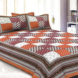 Brown Border Square Pattern Screen Print Cotton Double Bed Sheet