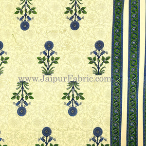 Green Border Cream Base Floral  Print Super Fine Cotton Double Bed Sheet