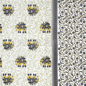 Yellow Border Jaipuri Elephant Print Cotton Double Bed Sheet
