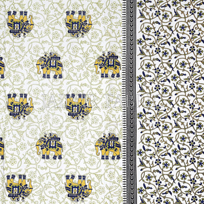 Yellow Border Jaipuri Elephant Print Cotton Double Bed Sheet