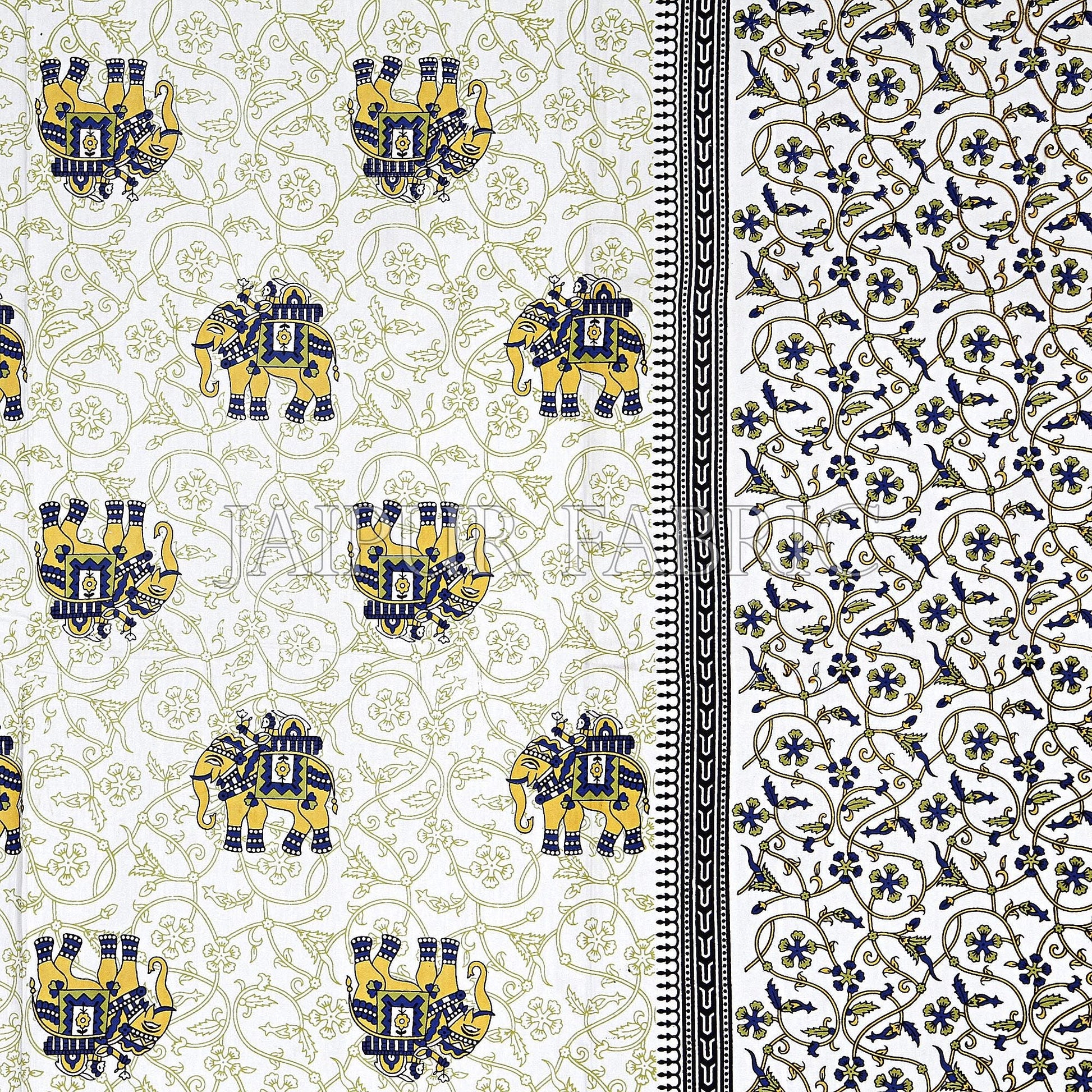 Yellow Border Jaipuri Elephant Print Cotton Double Bed Sheet